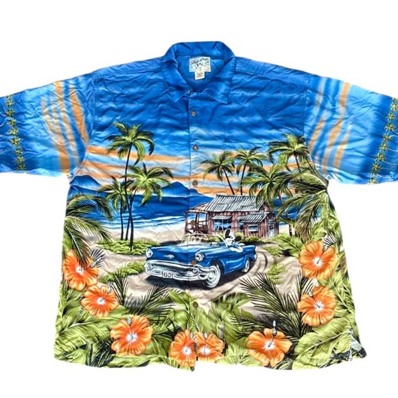 Big Dogs Shirt Mens 2X Blue Hawaiian Car Beach Palm Tree Camp Hot Rod Vintage - Picture 10 of 12